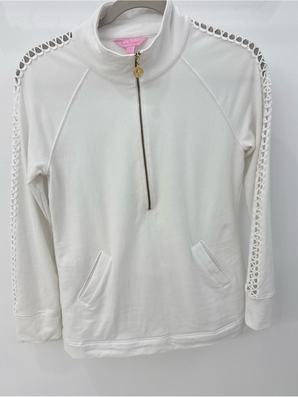 Lilly Pulitzer Women’s White Half-Zip Pullover w Eyelet Sleeve Detail Sz Small